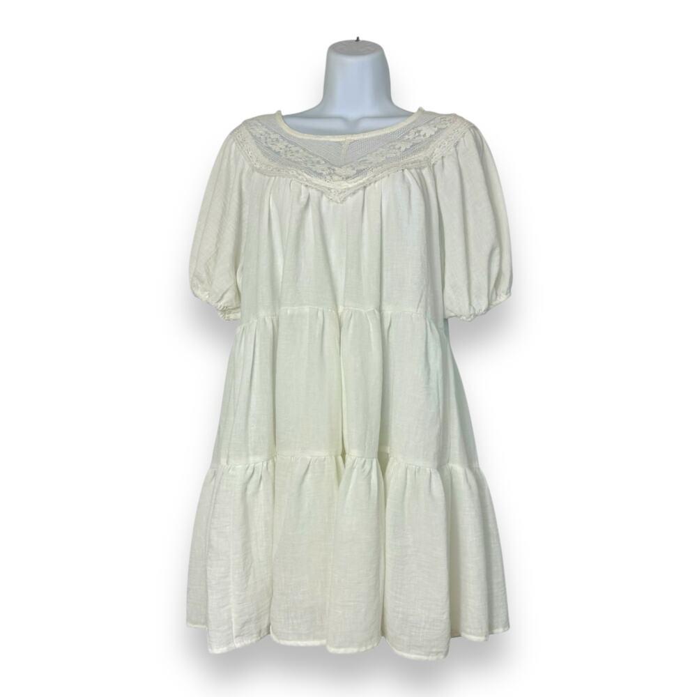 Puff Sleeve Babydoll Dress M White Lace Yoke Tiered Coquette Summer